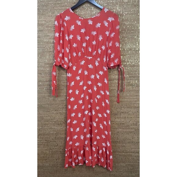 Ghost London Women's Red Orange Printed Crew-Neck Ruffle Crepe Midi Dress Size S - Picture 3 of 10